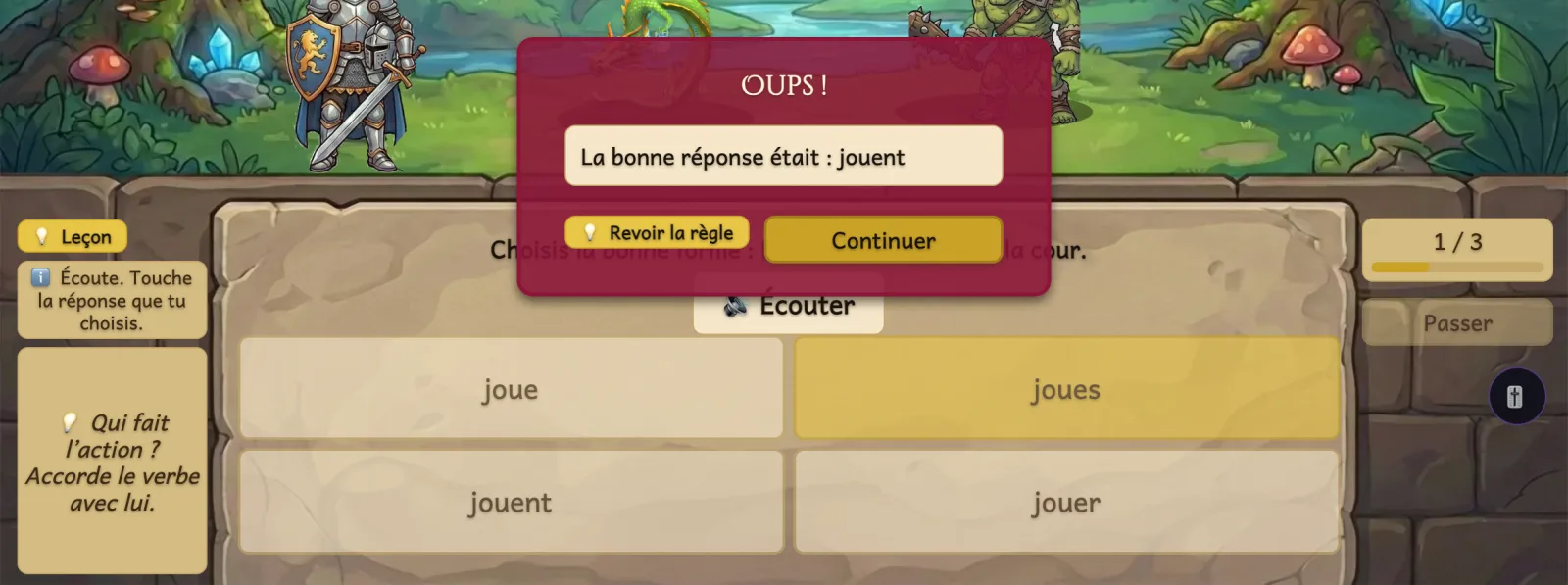 Correction après une erreur : « La bonne réponse était : jouent », avec les boutons « Revoir la règle » et « Continuer » ; le jeu attend que l'enfant touche « Continuer ».