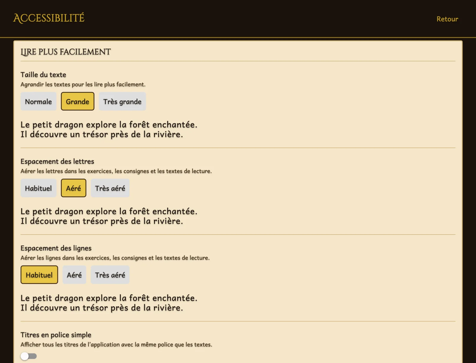 Menu Accessibilité de DictoQuest, rubrique « Lire plus facilement » : taille du texte réglée sur « Grande » et espacement des lettres sur « Aéré », avec une phrase d'aperçu sous chaque réglage.