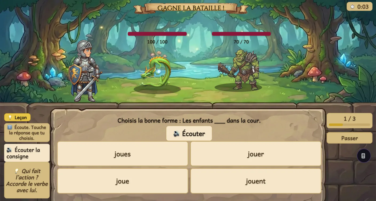 Exercice de DictoQuest avec le bouton « Écouter la consigne » dans la colonne de gauche, sous le mode d'emploi de l'exercice.