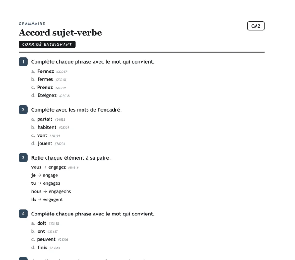 Corrigé enseignant de la même fiche : chaque réponse en gras, suivie du petit identifiant de l'exercice source, par exemple #23037.
