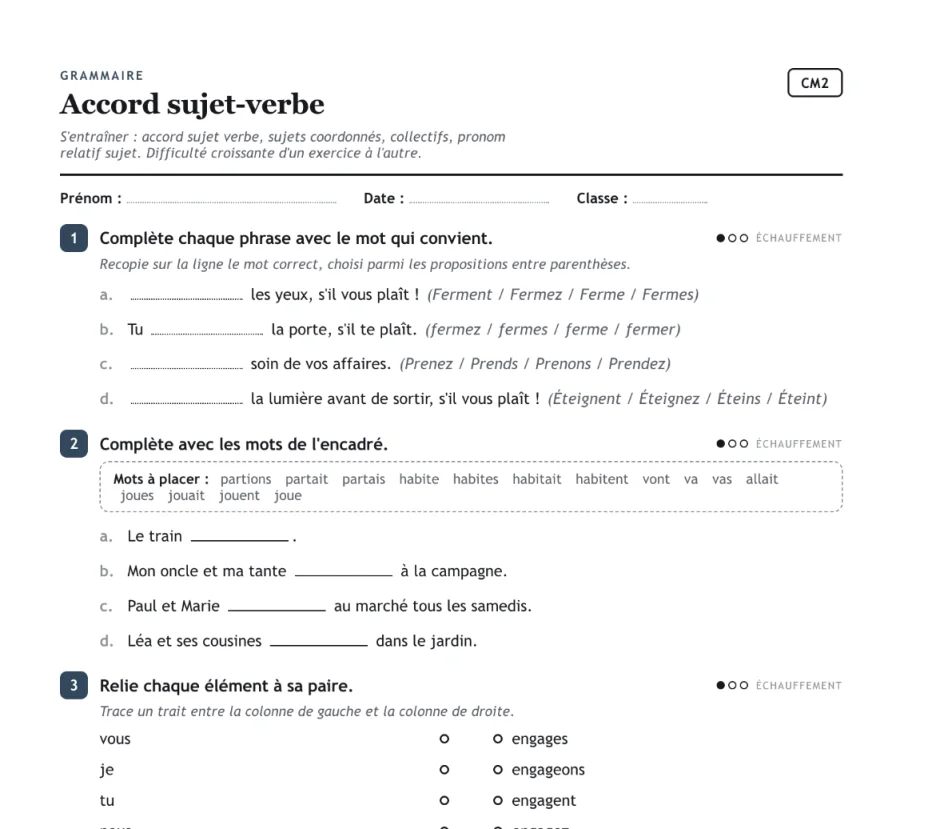 Fiche élève « Accord sujet-verbe », niveau CM2 : en-tête avec les lignes prénom, date et classe, puis quatre exercices numérotés — compléter avec le mot qui convient, compléter avec les mots d'un encadré, relier chaque pronom à sa forme verbale.